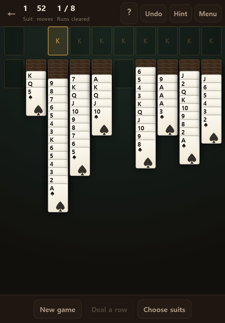 The stock is at the top left, with eight spaces beside it for completed suits. You move cards among the ten columns below.