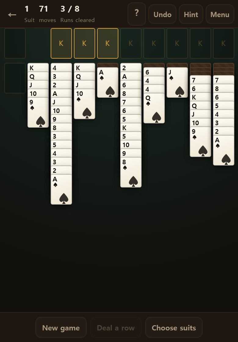 Several runs taken. The spaces above light gold one by one.
