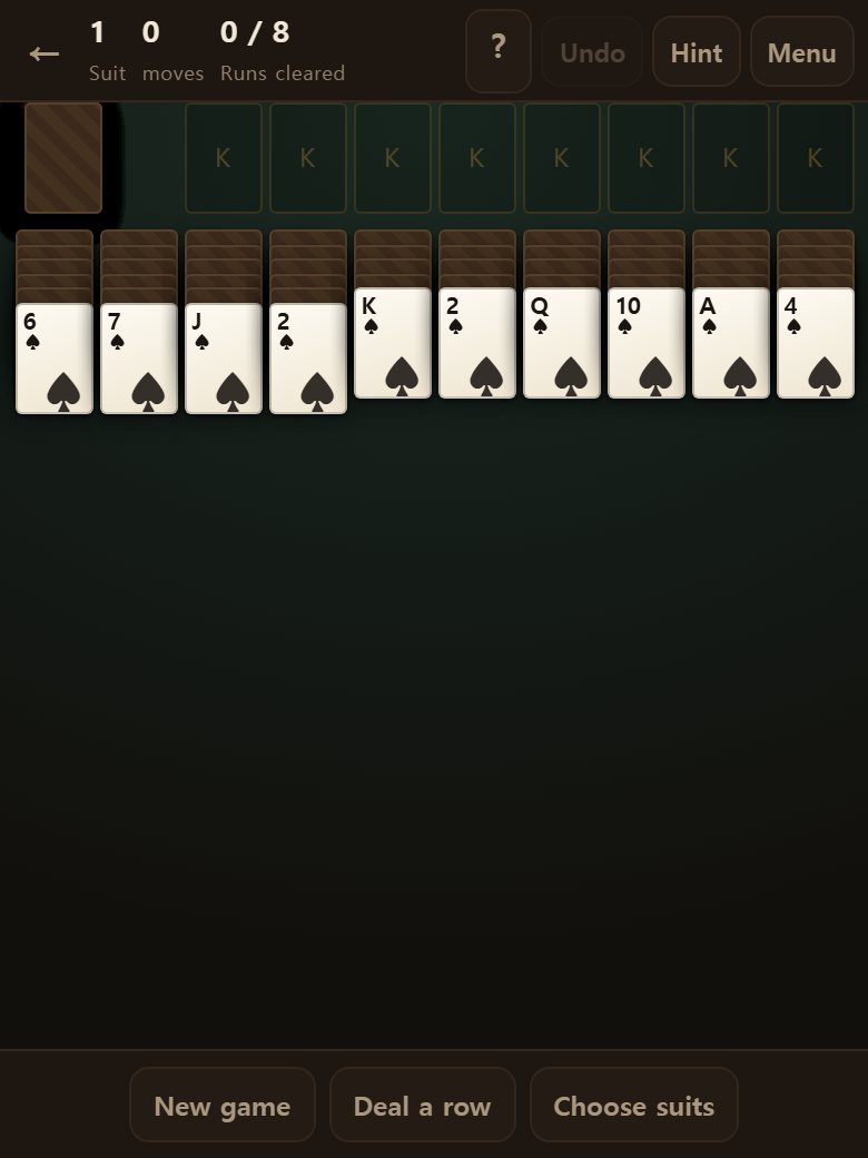 A freshly dealt board. Only the bottom card of each column is face up; the rest are face down.