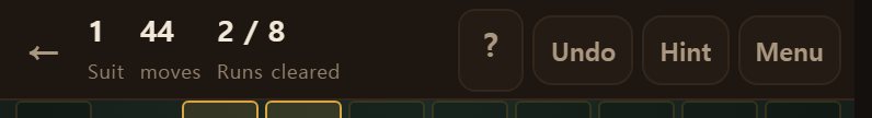 The top bar: number of suits, time, moves, and how many of the eight runs you have taken.