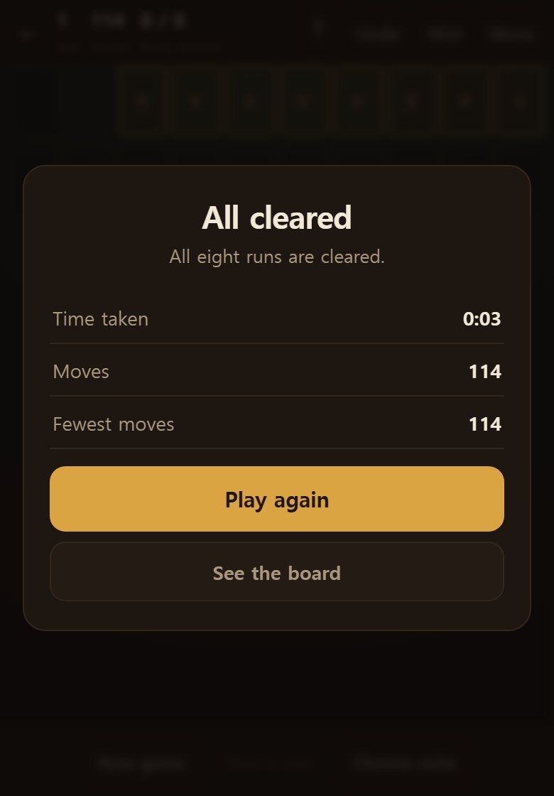 Take all eight runs and it is over. Your time and moves are shown.