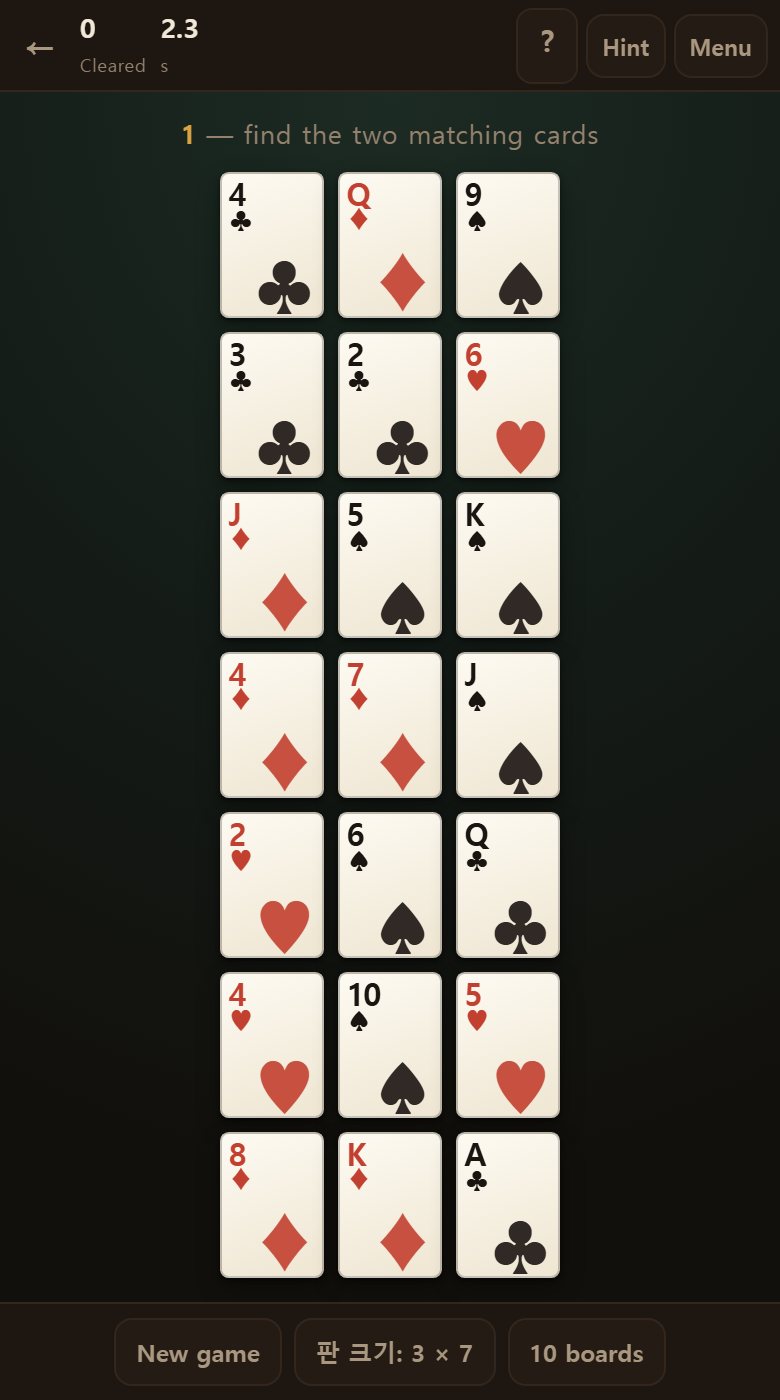 The largest board, 3x7. Twenty-one cards give your eye far more to cover.
