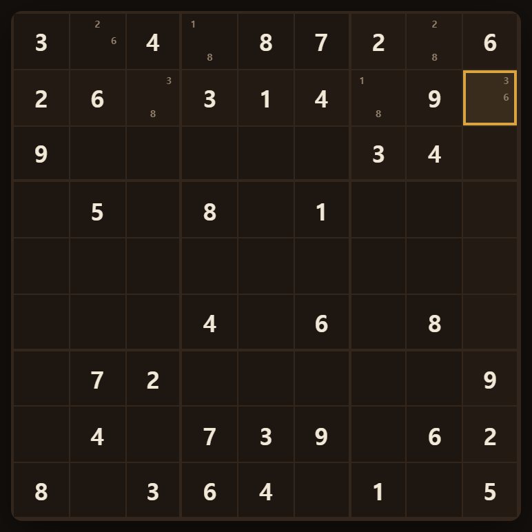 With notes on, a number you tap is written small inside the square — “either 3 or 7 here”.