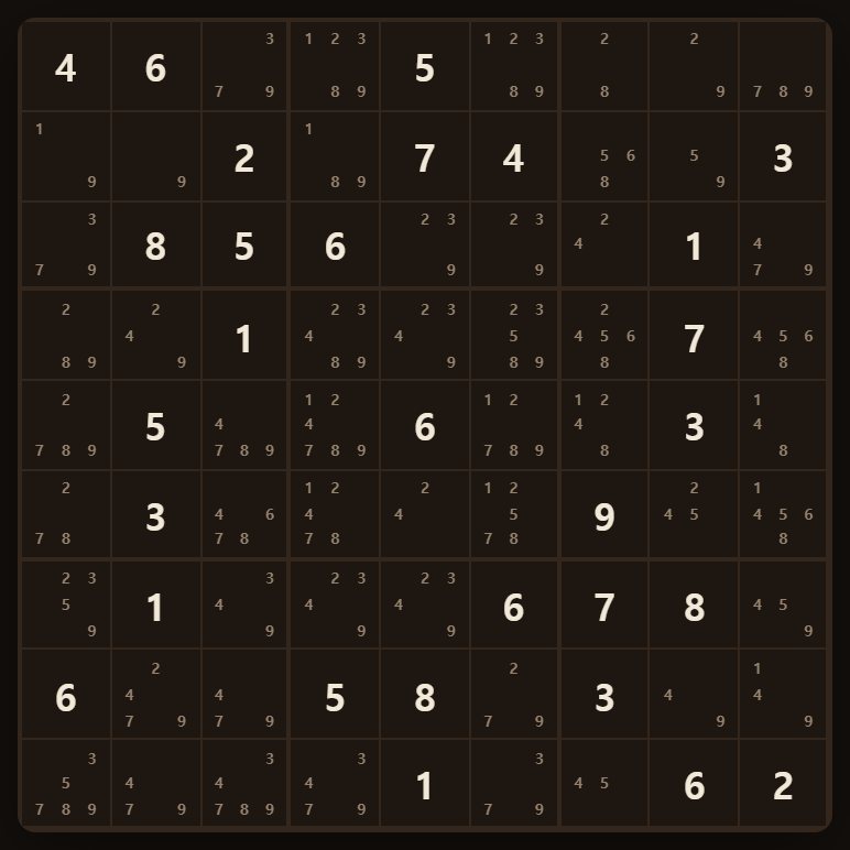 Squares down to two candidates. When the same two numbers pair up in a line, strike them from the rest of it.