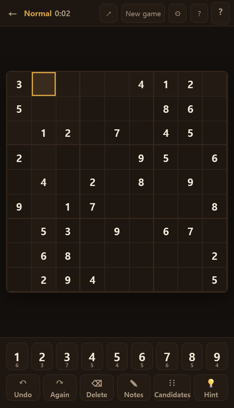 Tap an empty square and it lights up, tinting its row, column and box faintly. It shows you where to look.