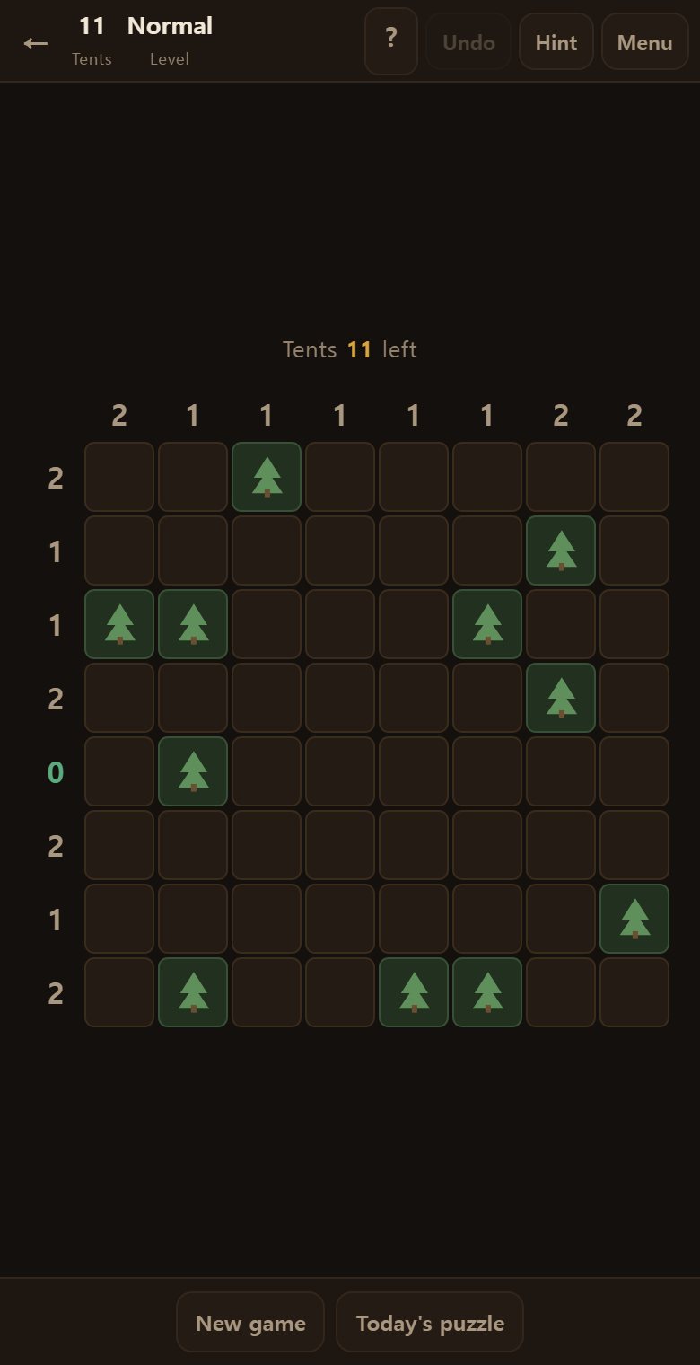 The board sits in the middle. Green marks a tree, and the numbers along the left and top give the tents in that line.