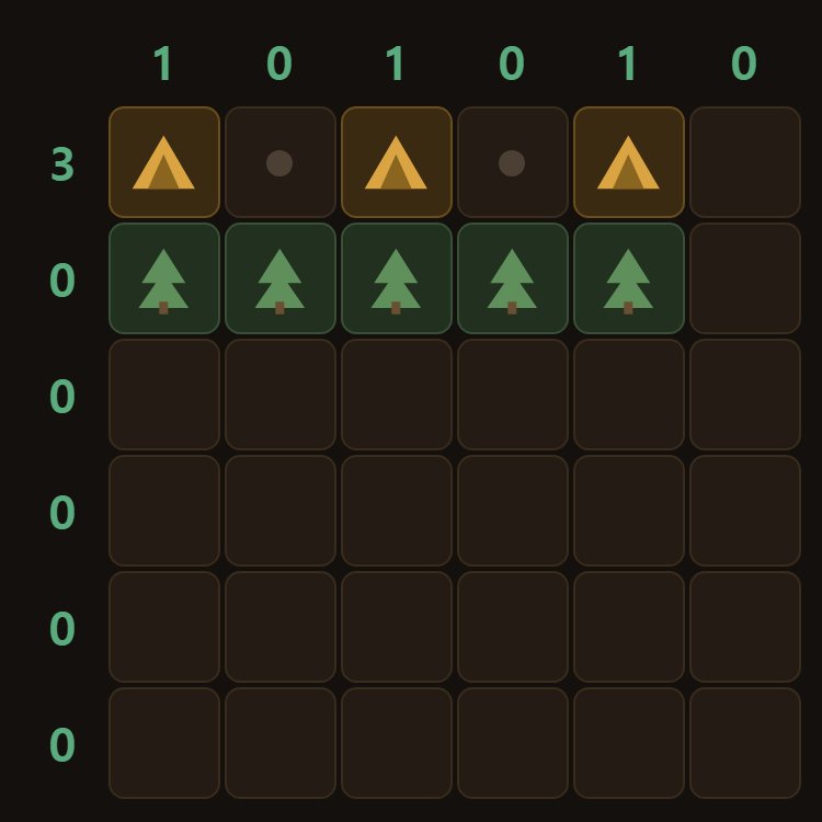 Five squares in a row needing three tents can only be the first, third and fifth.