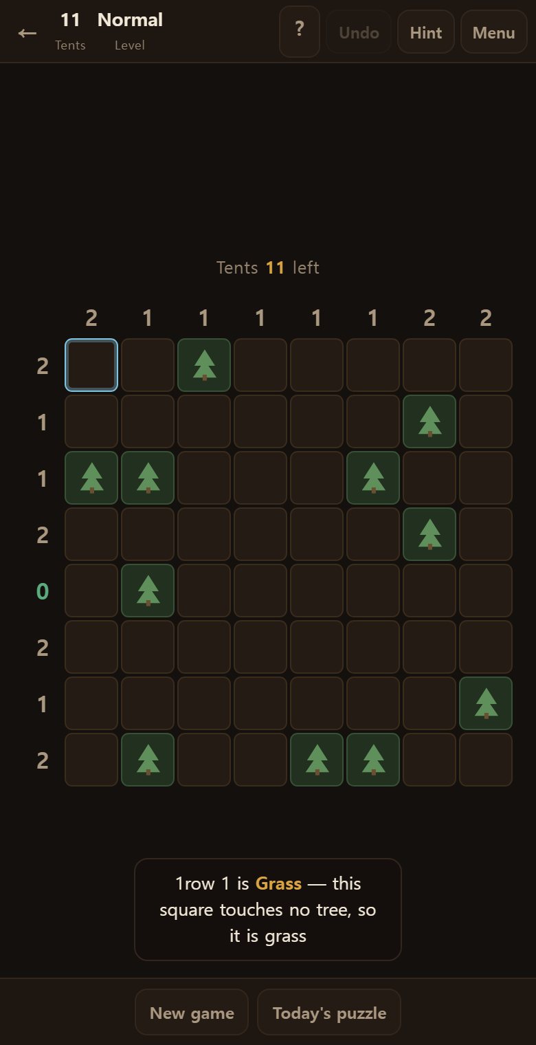 Hint says whether the next square is tent or grass — and why.
