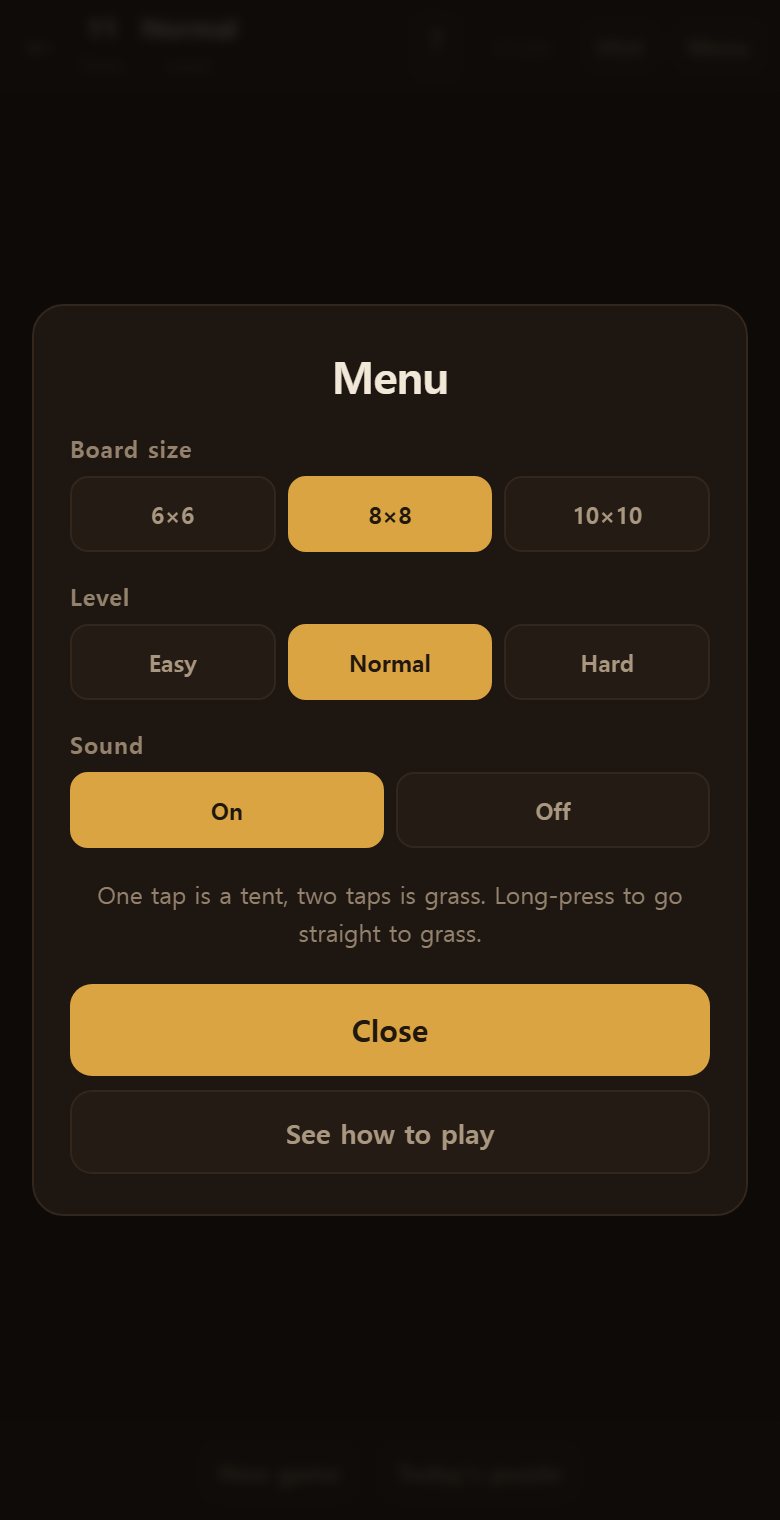 The menu sets the board size and the difficulty. Harder means more trees.