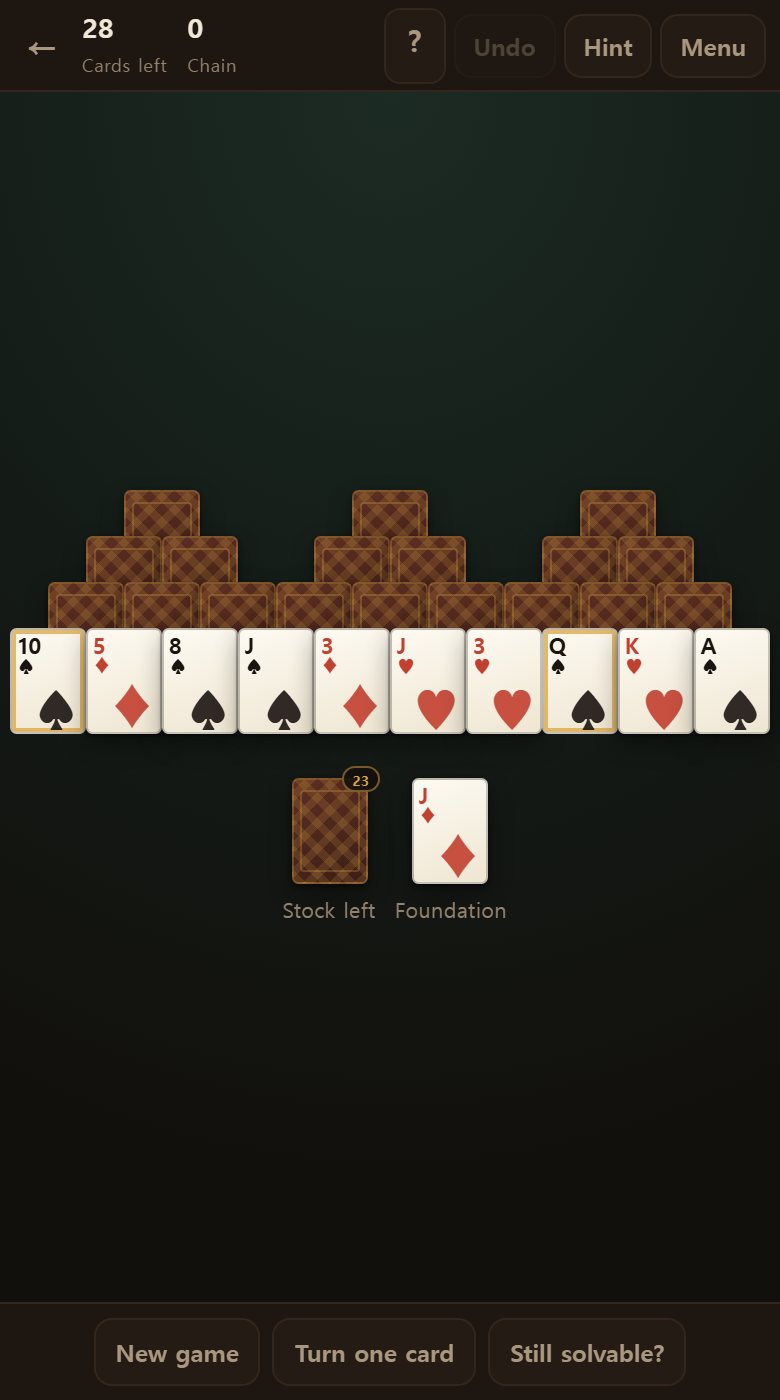 A freshly dealt board. Only the ten along the bottom are face up; everything above is face down.