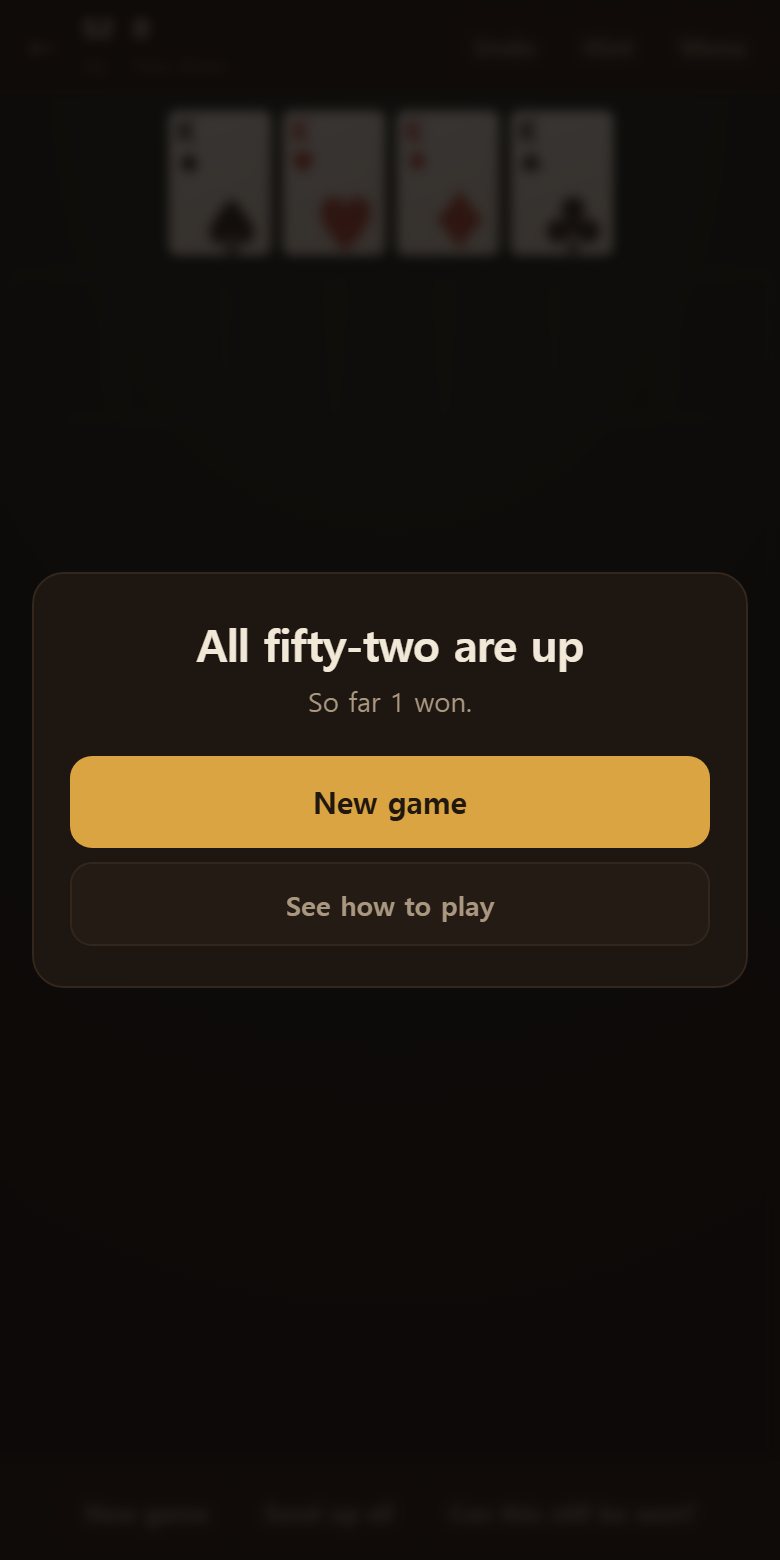 Send all fifty-two up and it is over. Your moves and the deal number are shown.