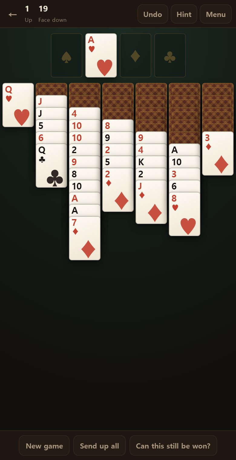 When the face-up cards leave a column, the face-down card turns by itself and the hidden count drops.