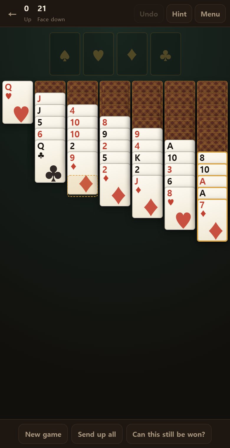 Tap a card and everything from there down is picked up in gold — even cards out of order come along.