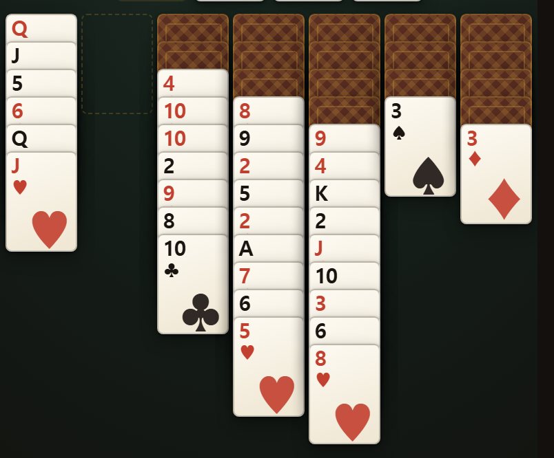 A card lands in a column only on one rank higher of the other colour — red on black, black on red.