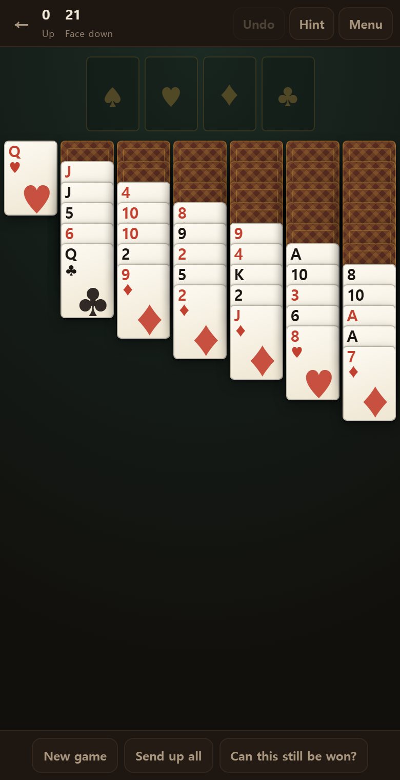A freshly dealt board. The first column holds one card; each of the rest has some face down plus five face up.