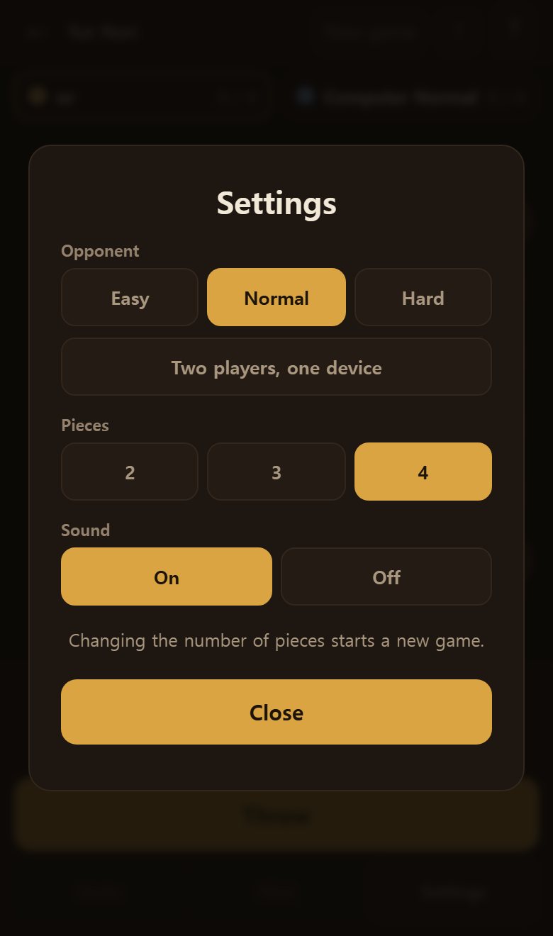 Settings sets the opponent's strength and the number of pieces. Two people can also play on one device.