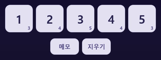 칸을 고른 뒤 여기서 숫자를 누릅니다. 숫자마다 몇 개 남았는지 작게 적혀 있습니다.