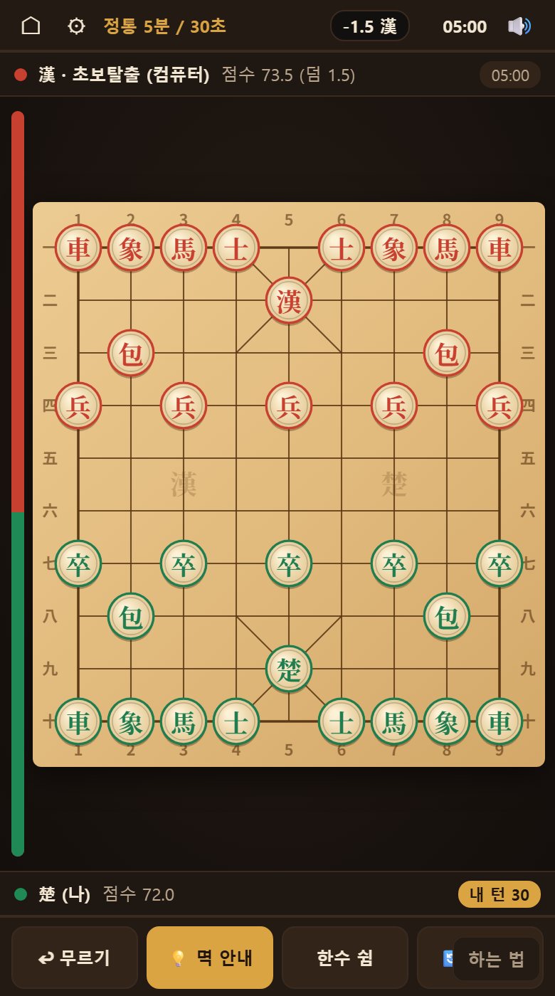 장기판과 궁성. 양쪽 끝 3×3 네모가 궁성이고 대각선이 그어져 있습니다.