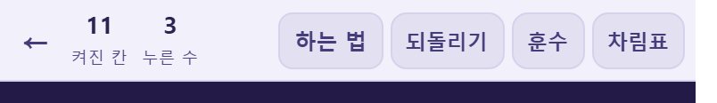 맨 위 머리띠입니다. 켜진 칸·시간·누른 수가 왼쪽에, 되돌리기와 훈수가 오른쪽에 있습니다.