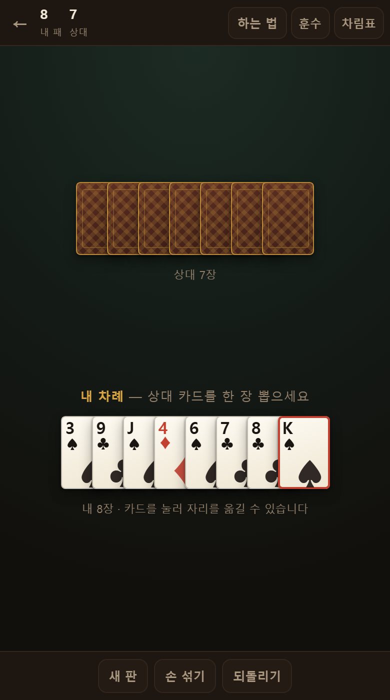 위가 상대 패, 아래가 내 패입니다. 붉은 테가 도둑(♠K)이고 나만 보입니다.