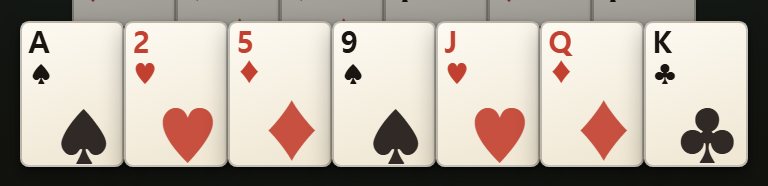 A 는 1, 2~10 은 그대로, J 는 11, Q 는 12, K 는 13 입니다.