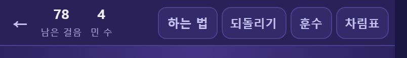 맨 위 머리띠입니다. 남은 걸음·시간·민 수가 왼쪽에, 되돌리기와 훈수가 오른쪽에 있습니다.