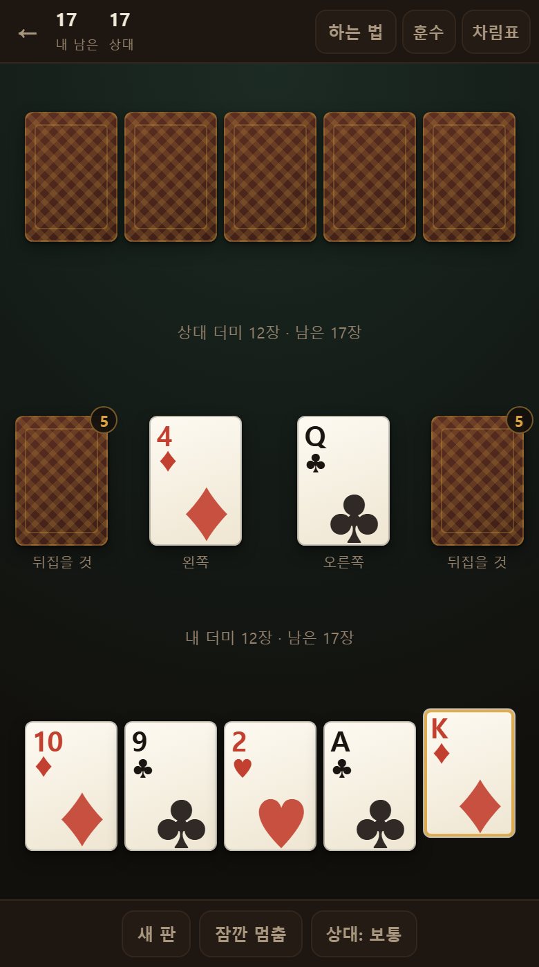 위가 상대 손, 가운데 안쪽 둘이 낼 자리, 바깥 둘이 막혔을 때 뒤집을 뭉치입니다.