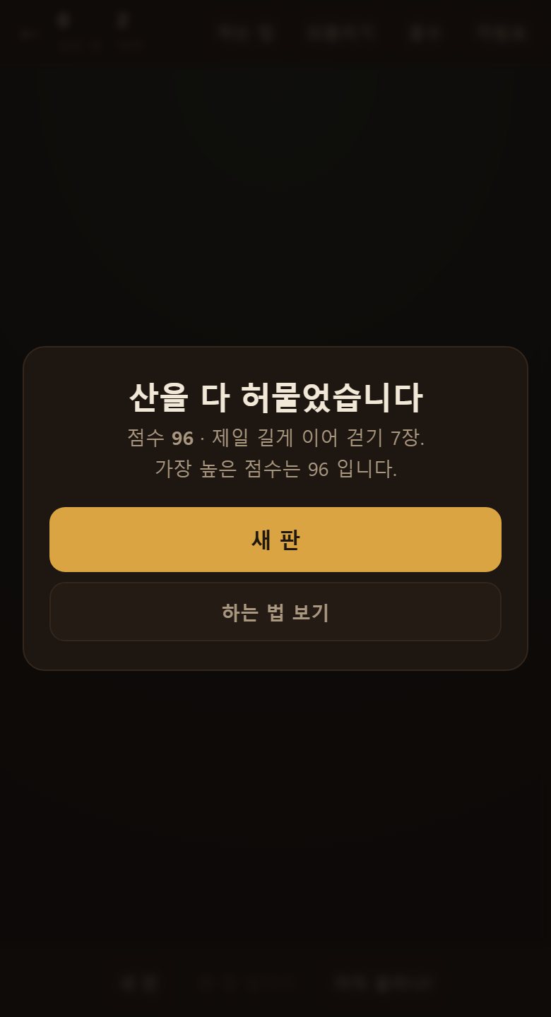 봉우리 셋을 다 허물면 끝납니다. 점수와 제일 길게 이어 걸은 수가 남습니다.