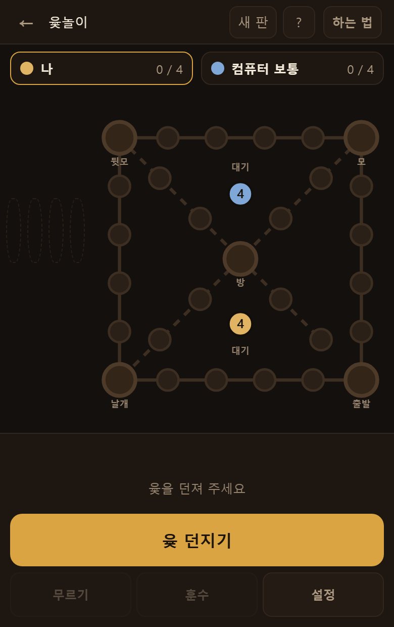 빈 윷판입니다. 가운데 점선 둘이 지름길이고, 가운데 숫자가 아직 안 나간 말입니다.